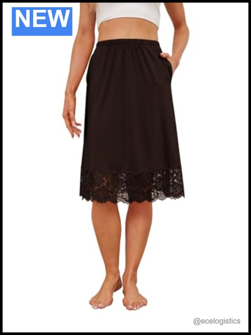 Satin Half Slip Midi Skirt Lace Trim Knee-Length Women's Lingerie